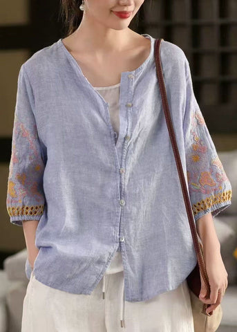 Blue Tops Sleeve Bracelet Linen Embroidered Oversized Sky FashionChic