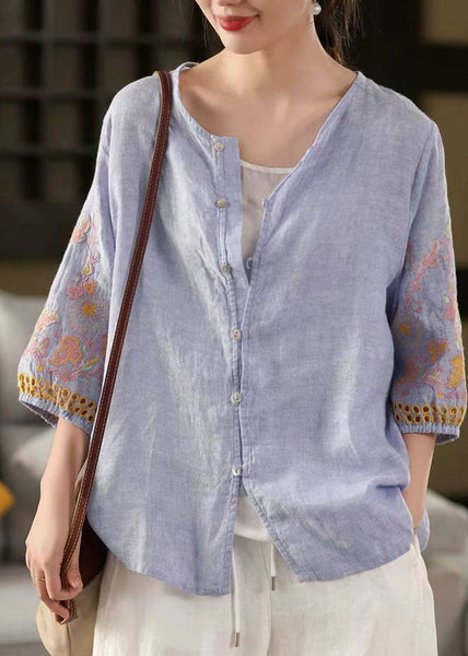 Blue Tops Sleeve Bracelet Linen Embroidered Oversized Sky FashionChic