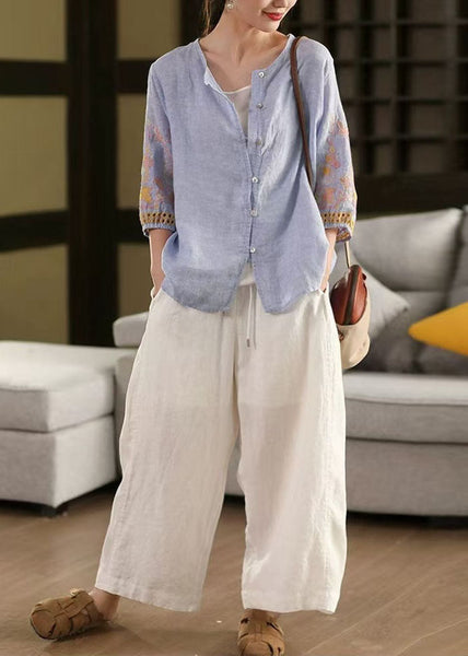 Blue Tops Sleeve Bracelet Linen Embroidered Oversized Sky FashionChic