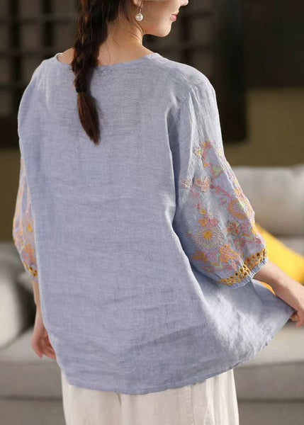 Blue Tops Sleeve Bracelet Linen Embroidered Oversized Sky FashionChic