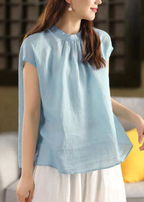 Collar Sky Stand Oversized Linen Blue Summer Tops FashionChic