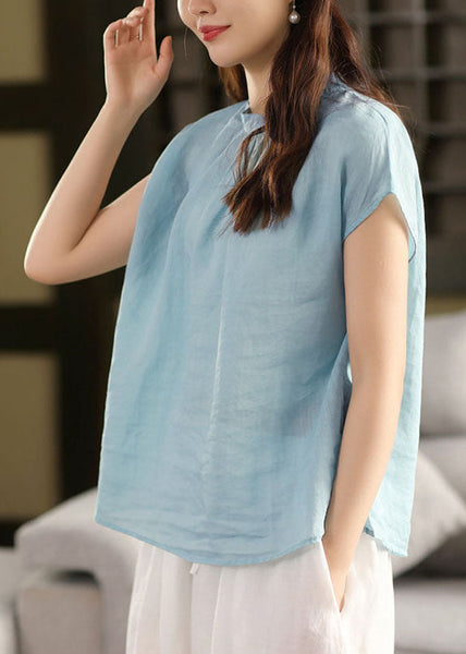 Collar Sky Stand Oversized Linen Blue Summer Tops FashionChic