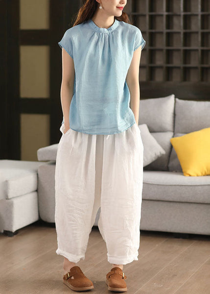 Collar Sky Stand Oversized Linen Blue Summer Tops FashionChic