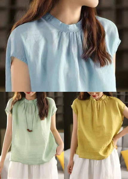 Collar Sky Stand Oversized Linen Blue Summer Tops FashionChic