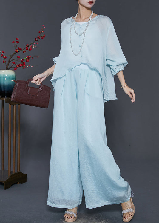 Sky Blue Silk Two Pieces Set Oversized Low High Design Spring SD1014 Ada Fashion