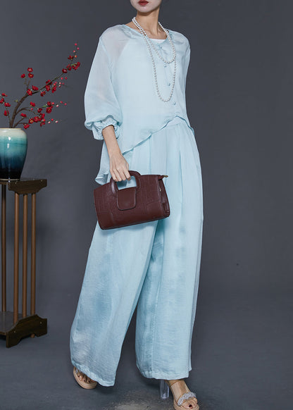 Sky Blue Silk Two Pieces Set Oversized Low High Design Spring SD1014 Ada Fashion