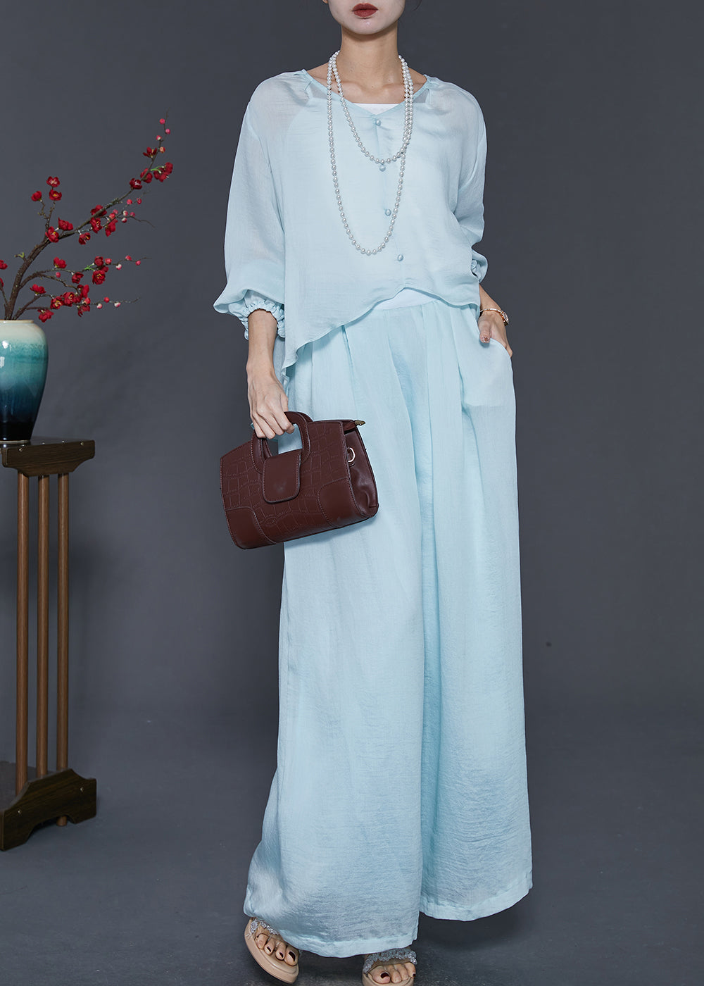 Sky Blue Silk Two Pieces Set Oversized Low High Design Spring SD1014 Ada Fashion