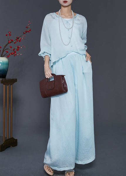 Sky Blue Silk Two Pieces Set Oversized Low High Design Spring SD1014 Ada Fashion