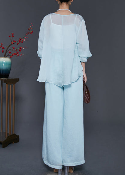 Sky Blue Silk Two Pieces Set Oversized Low High Design Spring SD1014 Ada Fashion