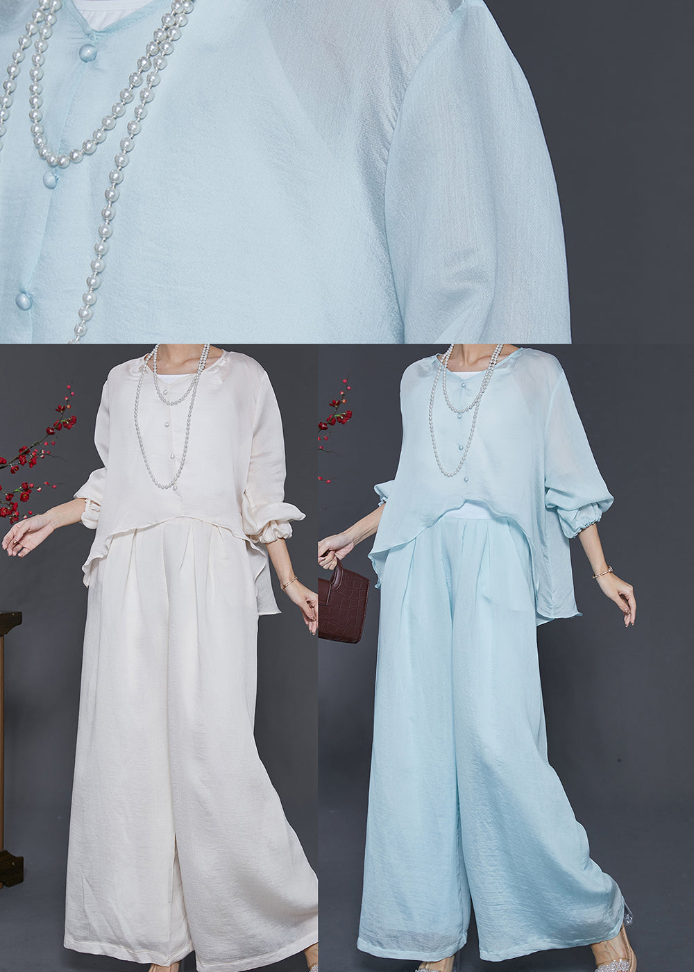 Sky Blue Silk Two Pieces Set Oversized Low High Design Spring SD1014 Ada Fashion