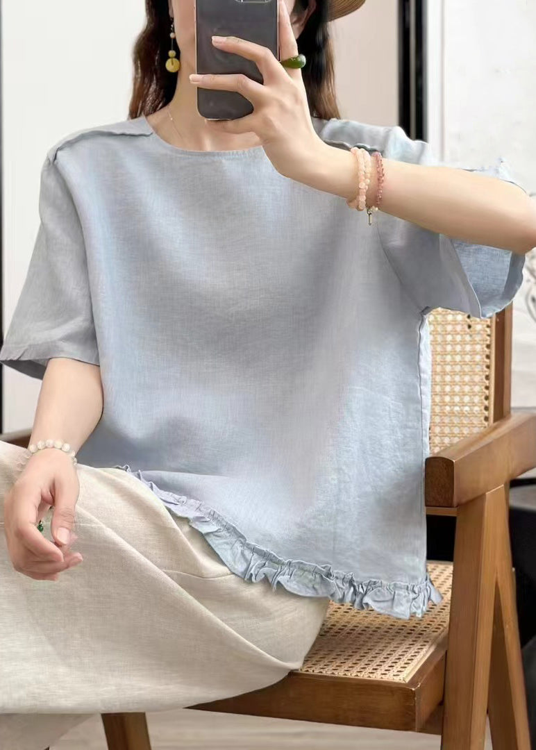 Sides Blouse Ruffled On Blue Linen Summer Wear Sky Solid Both FashionChic