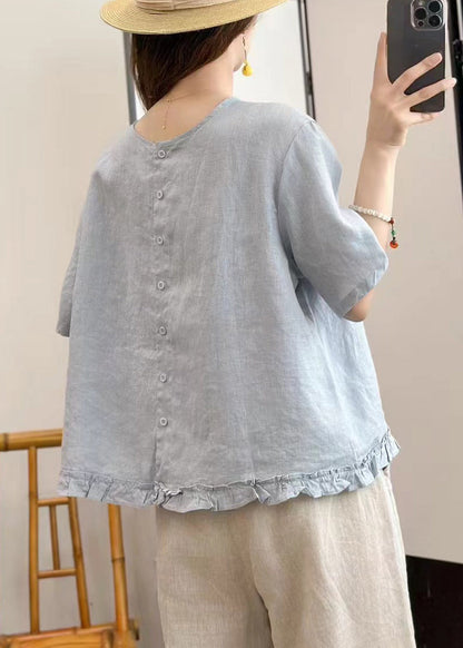 Sides Blouse Ruffled On Blue Linen Summer Wear Sky Solid Both FashionChic
