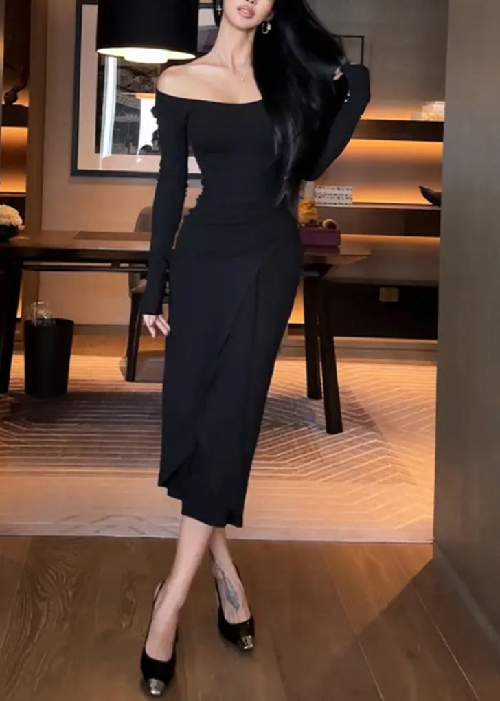 Slim Fit Apricot Wrinkled Side Open Cotton Long Dresses Fall WY006 OM-OL241106