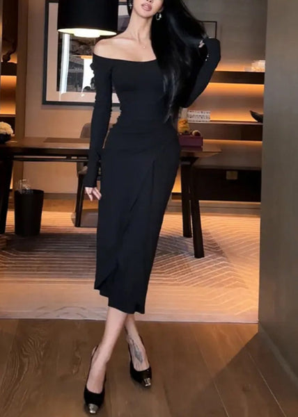 Slim Fit Apricot Wrinkled Side Open Cotton Long Dresses Fall WY006 OM-OL241106