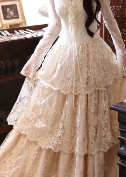 Dress Patchwork Fit Slim Ruffled Beige V Neck Maxi Flare Lace FashionChic