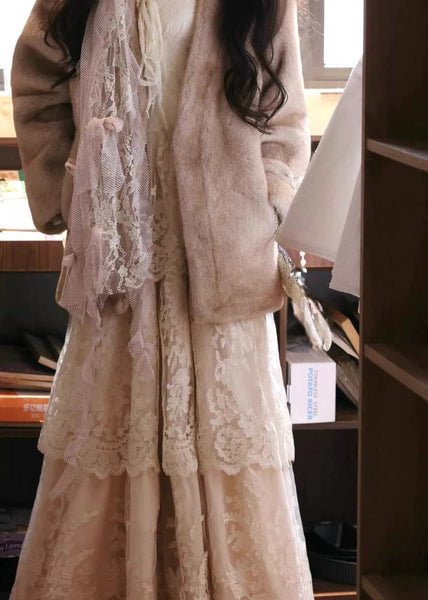 Dress Patchwork Fit Slim Ruffled Beige V Neck Maxi Flare Lace FashionChic