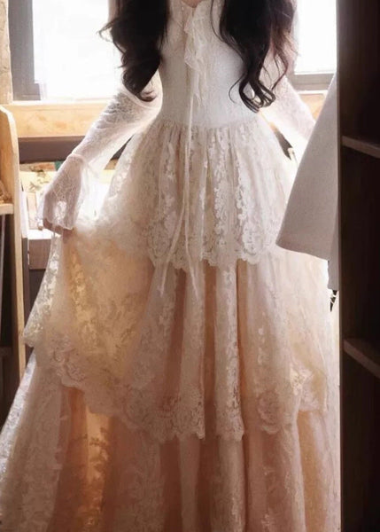 Dress Patchwork Fit Slim Ruffled Beige V Neck Maxi Flare Lace FashionChic