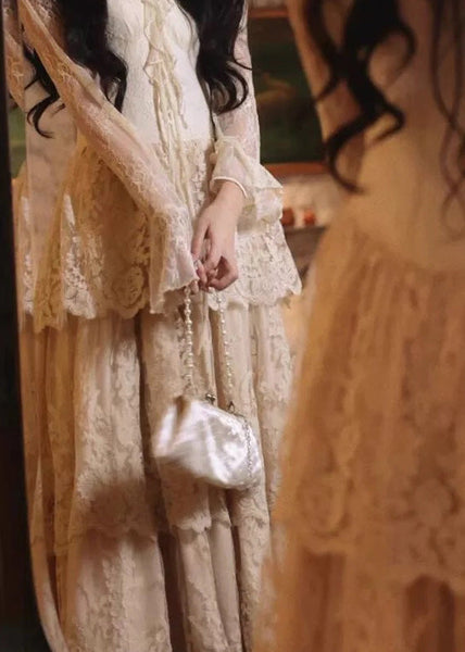 Dress Patchwork Fit Slim Ruffled Beige V Neck Maxi Flare Lace FashionChic