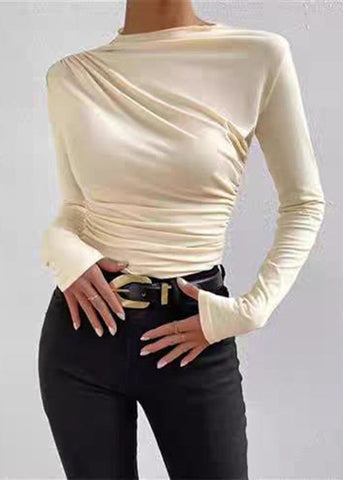 Slim Fit Beige Wrinkled Solid Cotton T Shirts Spring YZ057 ABC