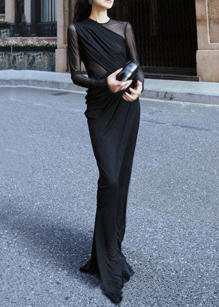 Slim Fit Black Asymmetrical Side Open Long Dresses Fall AL1030 Genistyle Shop