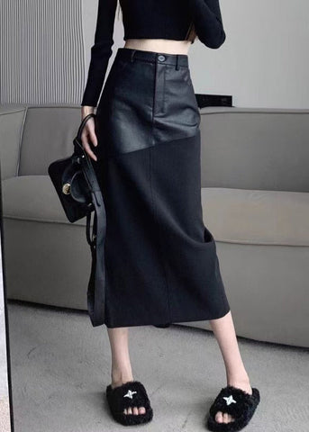 Black Slim Back Open Fit Patchwork Skirts Leather Faux Side FashionChic