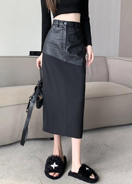 Black Slim Back Open Fit Patchwork Skirts Leather Faux Side FashionChic