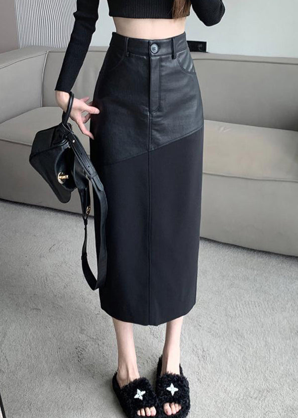 Black Slim Back Open Fit Patchwork Skirts Leather Faux Side FashionChic