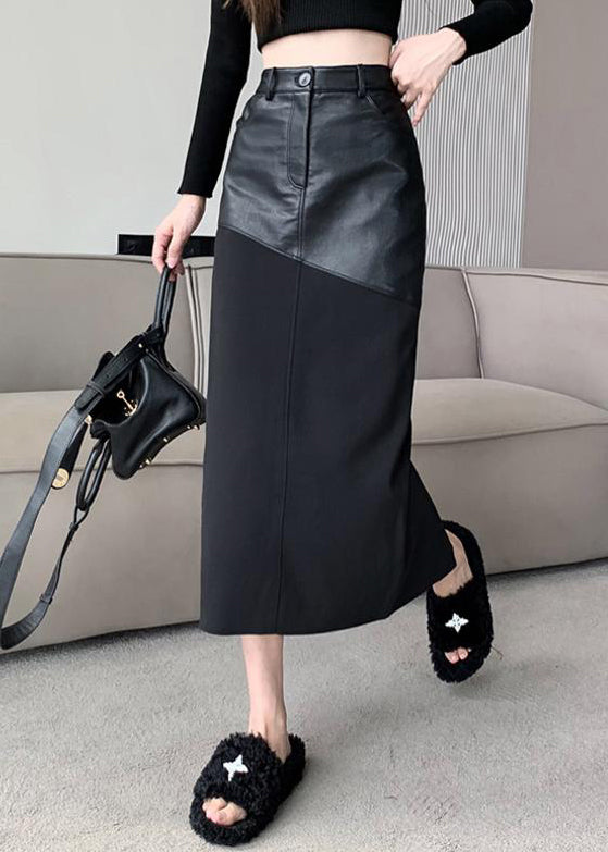 Black Slim Back Open Fit Patchwork Skirts Leather Faux Side FashionChic