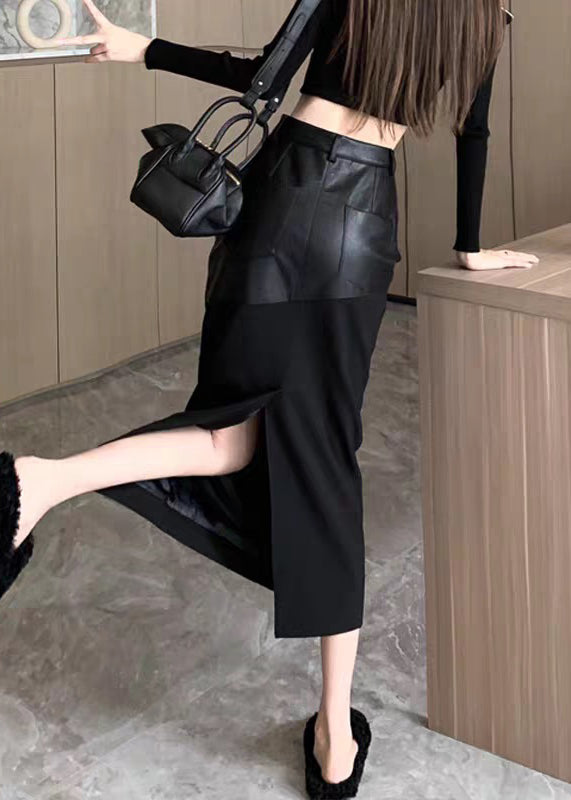 Black Slim Back Open Fit Patchwork Skirts Leather Faux Side FashionChic