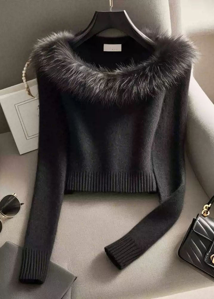 Slim Fit Black Fur Collar Cotton Knit Sweater Winter RK007 ABC