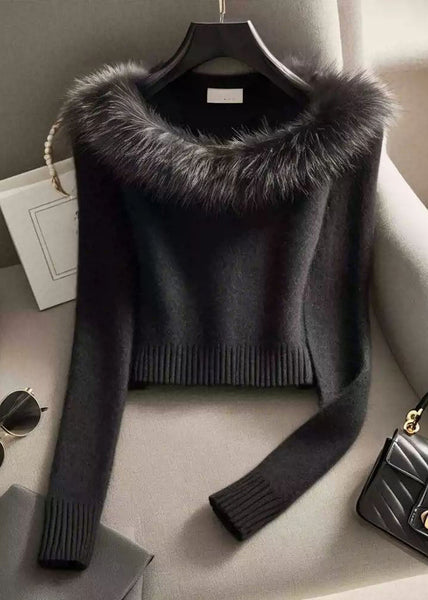 Slim Fit Black Fur Collar Cotton Knit Sweater Winter RK007 ABC