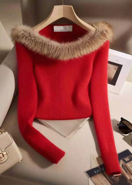 Slim Fit Black Fur Collar Cotton Knit Sweater Winter RK007 ABC