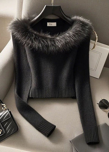 Slim Fit Black Fur Collar Cotton Knit Sweater Winter RK007 ABC