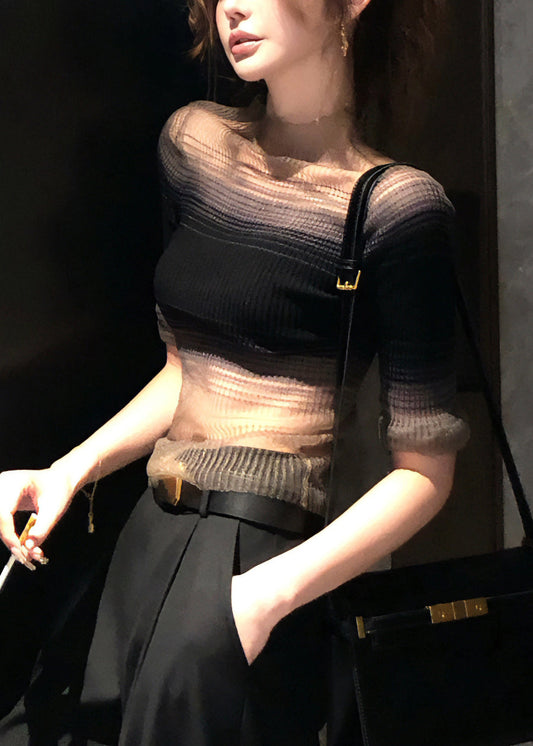 Knit Slim Color Fit Half Turtleneck T Shirt Tulle Black Gradient FashionChic