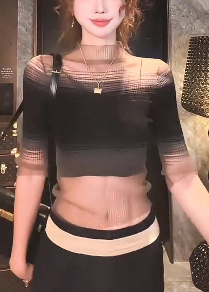 Knit Slim Color Fit Half Turtleneck T Shirt Tulle Black Gradient FashionChic