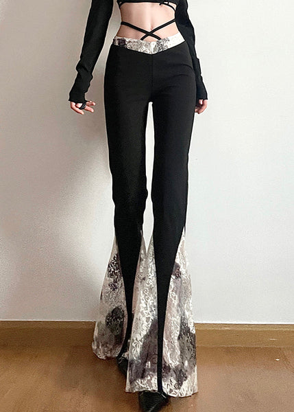 Slim Fit Black High Waist Lace Patchwork Flare Bottoms Fall PP028 OM-NZ240827