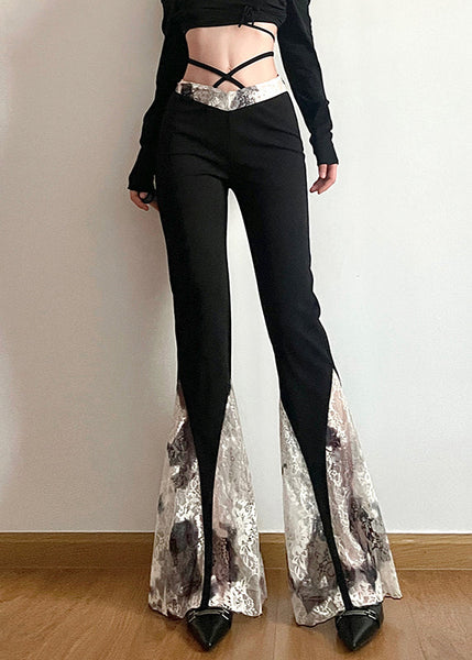 Slim Fit Black High Waist Lace Patchwork Flare Bottoms Fall PP028 OM-NZ240827