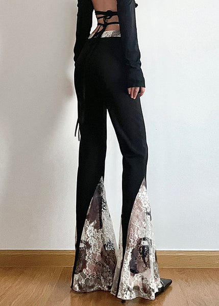 Slim Fit Black High Waist Lace Patchwork Flare Bottoms Fall PP028 OM-NZ240827