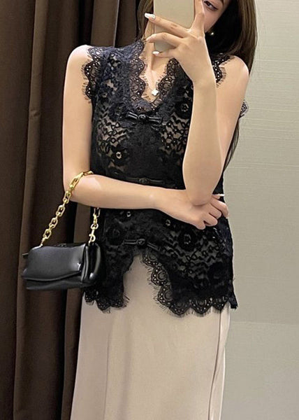Slim Fit Black Hollow Out Lace Vest Sleeveless VB1068 Ada Fashion