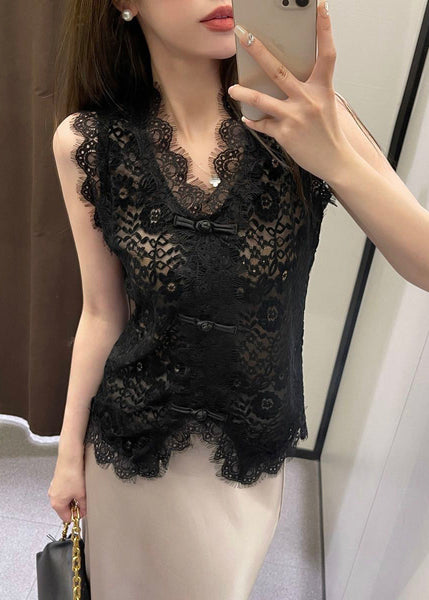 Slim Fit Black Hollow Out Lace Vest Sleeveless VB1068 Ada Fashion