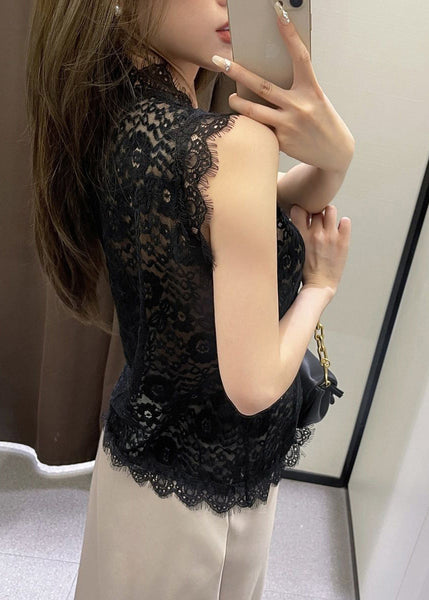 Slim Fit Black Hollow Out Lace Vest Sleeveless VB1068 Ada Fashion