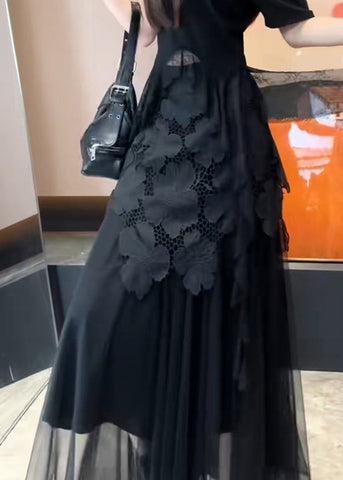 Fit Tulle Hollow Skirt Patchwork Black Summer Slim Out FashionChic