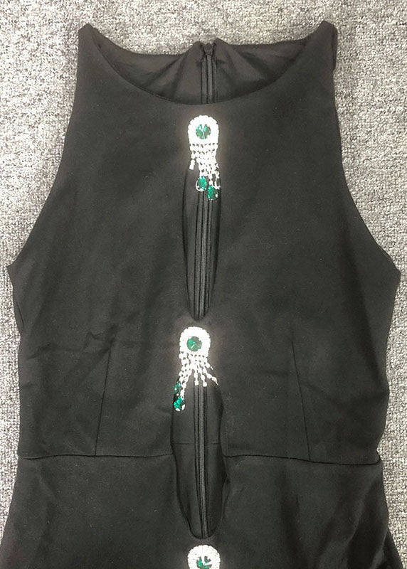 Slim Sleeveless Long Zircon Fit Out Cotton Dresses Hollow Black FashionChic