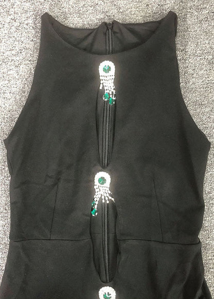 Slim Sleeveless Long Zircon Fit Out Cotton Dresses Hollow Black FashionChic