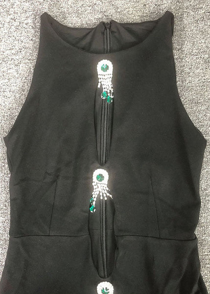 Slim Sleeveless Long Zircon Fit Out Cotton Dresses Hollow Black FashionChic