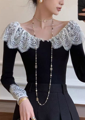 Patchwork Black Fall Cotton Fit Lace Slim Shirt T FashionChic