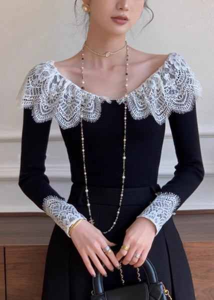 Patchwork Black Fall Cotton Fit Lace Slim Shirt T FashionChic