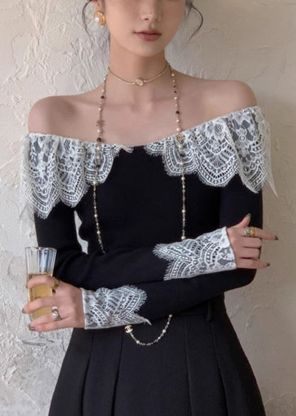 Patchwork Black Fall Cotton Fit Lace Slim Shirt T FashionChic