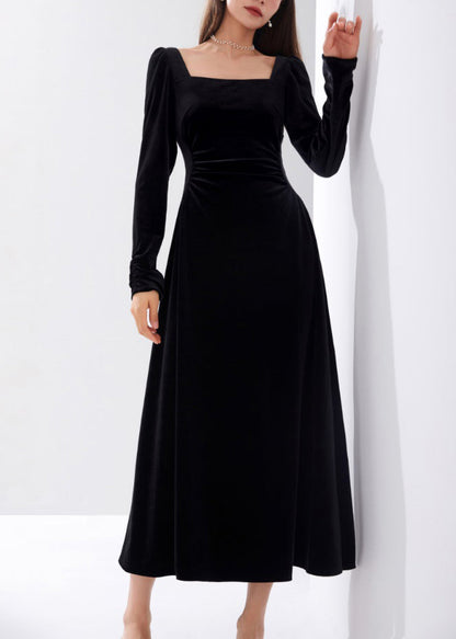 Slim Fit Black Square Collar High Waist Velour Dress Fall AM1015 Genistyle Shop