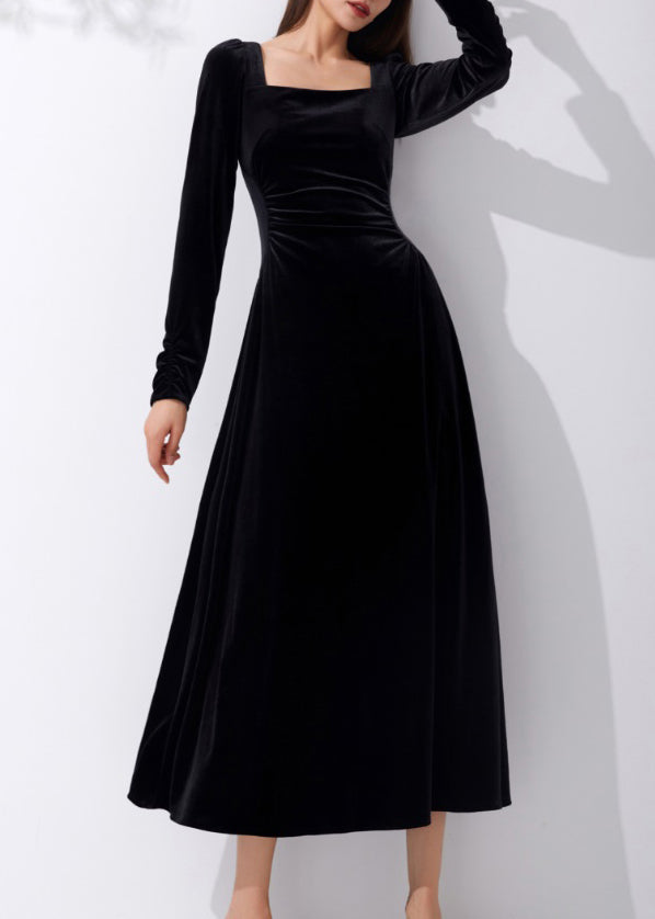 Slim Fit Black Square Collar High Waist Velour Dress Fall AM1015 Genistyle Shop